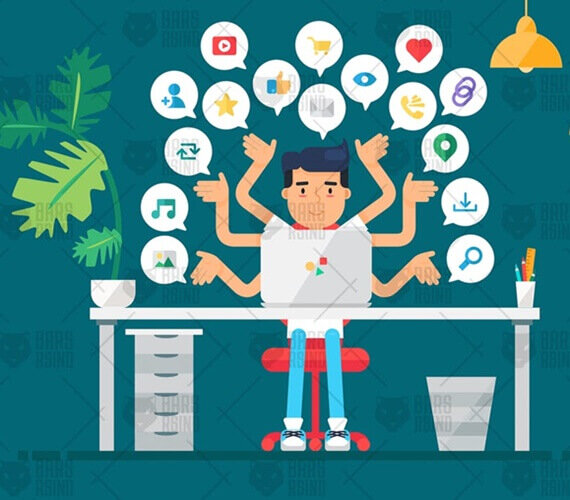 ilustração de uma pessoa sentada na mesa de escritório com vários balões de redes sociais ao redor