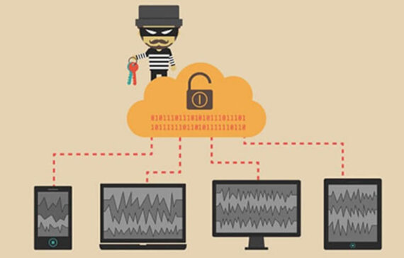 Ilustração com Hacker no topo ligados a um notebook, computador de mesa e celular. Ilustra o blogpost sobre como proteger o site de ataques.