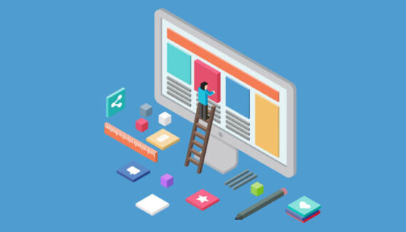 arte com boneco editando um site customizado em cima de uma escada, para ilustrar um artigo da Calebe que explica as diferenças entre um site customizado e um template pronto do wordpress