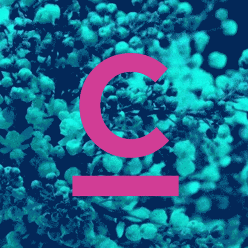 Gif animado com C da Calebe na frente e pequenos botões florescendo atrás, representando o blogpost Como criar o cartão de Natal ideal para seus clientes.