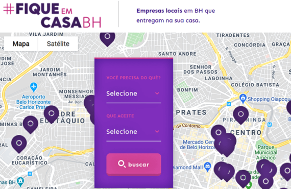 Print da home do #fiqueemcasabh, desenvolvido pela Calebe_, mostrando o mapa e os pontos que fazem delivery