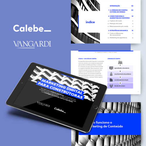 Marketing Digital para Construtoras: peça com páginas do e-book e os nomes da Calebe e Vangardi