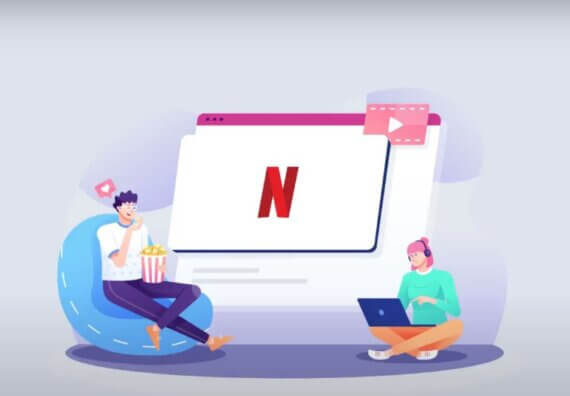 Arte que mostra duas pessoas sentadas em frente a uma televisão, que exibe a logo da Netflix. Representa o blogpost sobre o crescimento das plataformas de streaming.