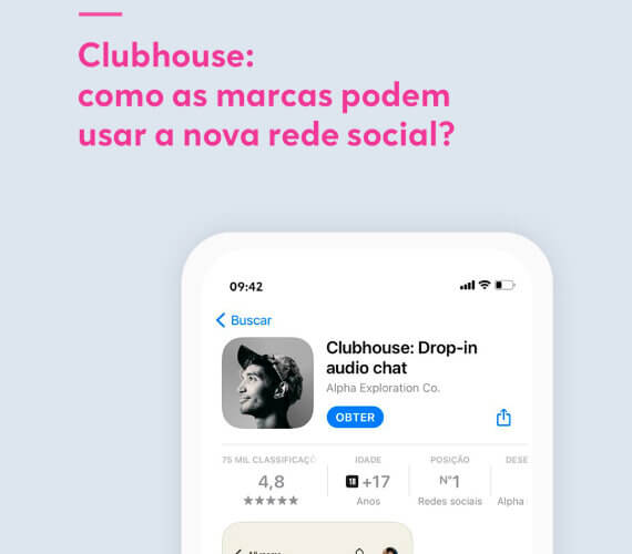 Arte que mostra o aplicativo Clubhouse, na tela de um iPhone.