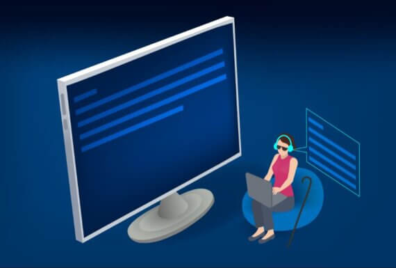 Arte que mostra uma mulher cega usando fones de ouvido para acessar o computador e ler a tela por áudio.